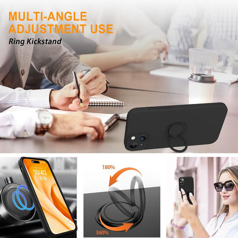 for iPhone 15 Plus Case,with 360°Rotatable Ring Holder Kickstand & Strap Lanyard Premium Liquid Silicone Slim Anti-Scratch Shockproof Protective C...