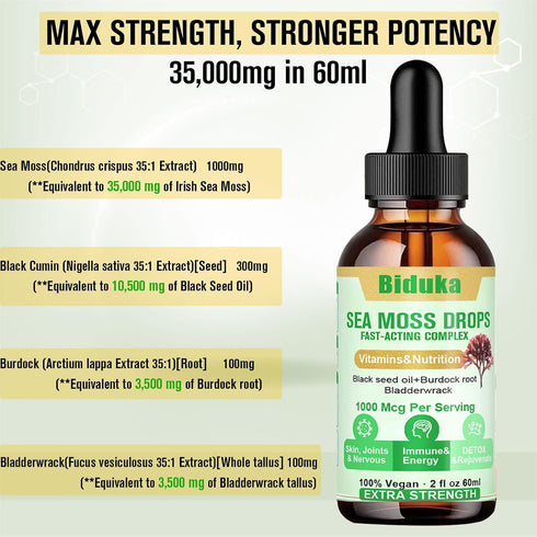 1000mg Irish Sea Moss Drops Black Seeds Oil, Bladderwrack, Burdock Root, Vitamin C and Zinc, 98 Essential Minerals Seamoss Supplement for Immune, ...