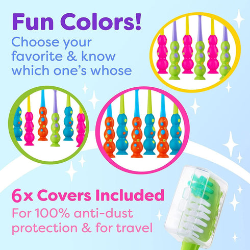 Kids Toothbrush 6 Pack - Soft Contoured Bristles - Child Sized Brush Heads (3-10 Year Old) - Suction Cup for Fun & Easy Storage - Girl & Boy Set (...