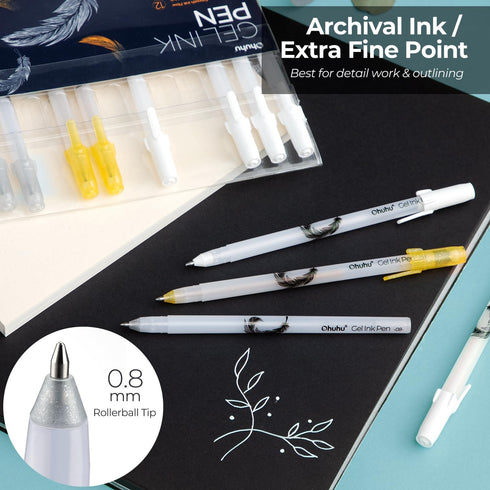 Ohuhu Gold Silver White Gel Pens: 12 Pack Extra Fine Point Pens Opaque Gel Ink Pens Smooth White Ink Pens for Highlight Black Paper Art Drawing Sk...