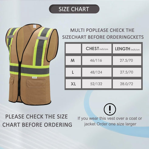 High Visibility Reflective Safety Vest with Zipper and Pockets Khaki,L...