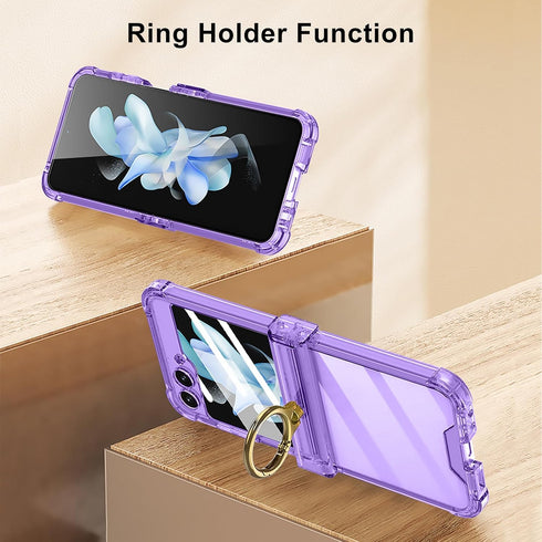 for Samsung Galaxy Z Flip 5 Case Hinge Protection Luxury Soft Transparent with Ring Holder Built-in Screen Protector All-Inclusive Shockproof Case...