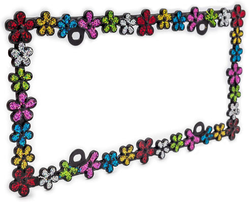 Creathome 3D Shining Daisy Wrenth License Plate Frame from Pure Zinc Alloy Metal Perfect Plate Holder, Matt Black with Colorful Glitter...