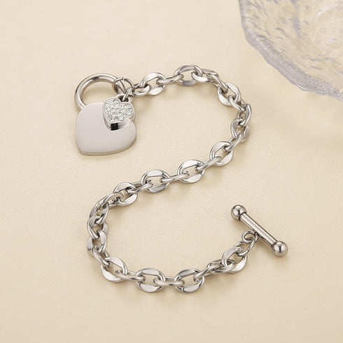 HZMAN Stainless Steel Silver/Rose/18k Gold Plated Zircon Heart Bracelet for Women Girls Romantic Gift Toggle Clasp Link Bracelets...