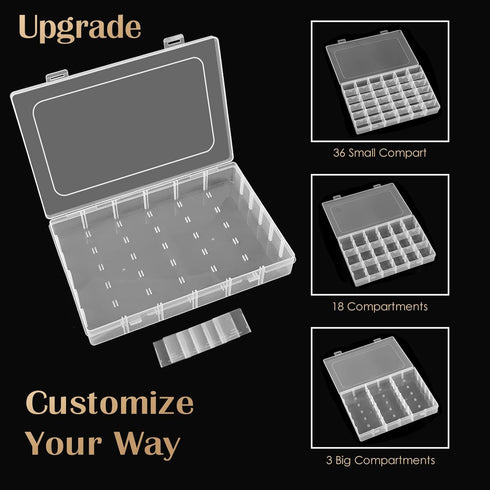 QUEFE 1 Pack 36 Grids Clear Plastic Organizer Storage Box Container, Craft Storage with Adjustable Dividers for Beads, Art DIY, Crafts, Jewelry, F...