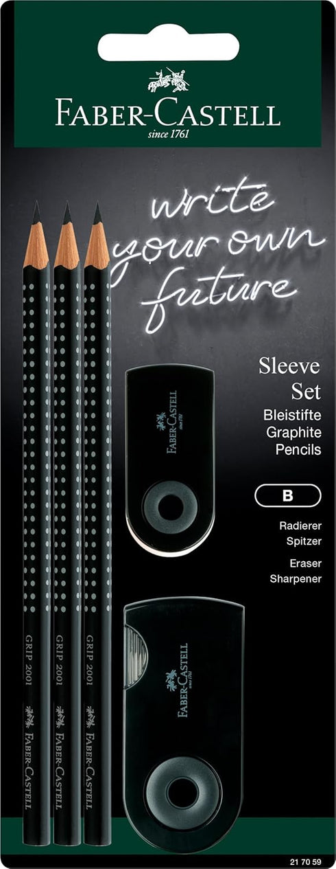 Faber-Castell Sleeve Set Black - 3 x Grip 2001 B Pencils, 1 x Sleeve mini eraser, 1 x Sleeve twin sharpening box...