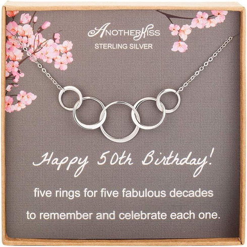 AnotherKiss 50th Birthday Gifts for Women, Sterling Silver 5 Circle Necklace for Her, 5 Rings for 5 Decades Jewelry Gift Ideas...