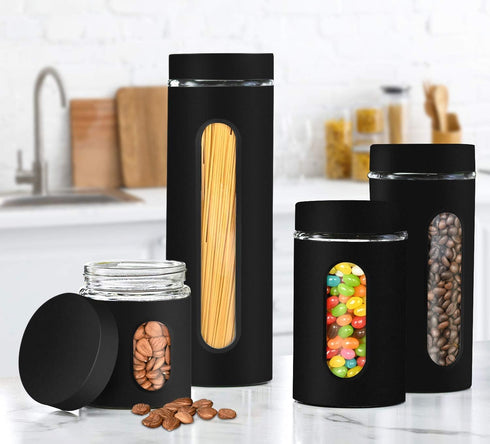 Glass Canister Set of 4 for Sugar, Matte Black Kitchen Counter Decor and Accessories...