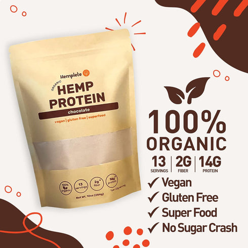 Hemp Vegan Protein Powder for Heart and Brain Health, Easy to Digest Chocolate Powder Drink with Plant Protein for Muscle Building and Recovery, 9...
