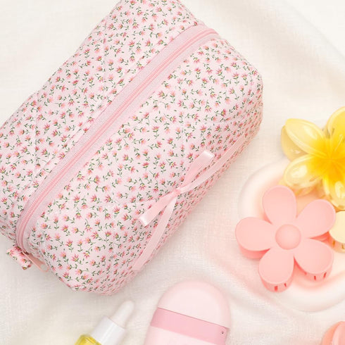Quilted Makeup Bag, Floral Cosmetic Bag Cute Handmade Aesthetic Pink Toiletry Bag Flower Coquette Accessories Cotton Pouch for Women?Pink Medium?...