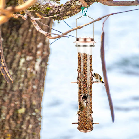 Metal Bird Feeder Tube Hanging Wild Bird Seed Feeder Aluminum Six Port Bird Feeders,1.4 mm Extra Thick Solid Tube Transparent with Steel Hanger Gr...