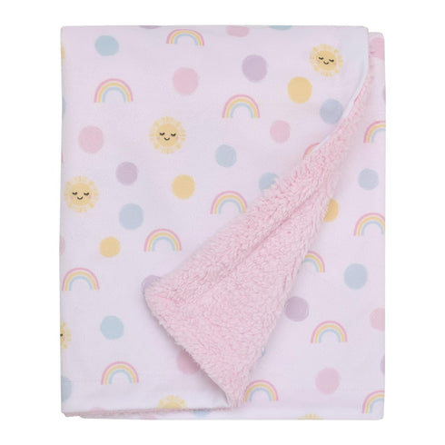 NoJo Happy Days Pink, Yellow and Blue Rainbows, Sun and Polka-Dot Super Soft Sherpa Baby Blanket...