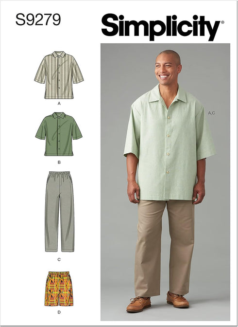 Simplicity Men's Relaxed Fit Shirt and Tapered Shorts or Pants Packet, Code 9279 Sewing Pattern, Sizes 34-42, White...