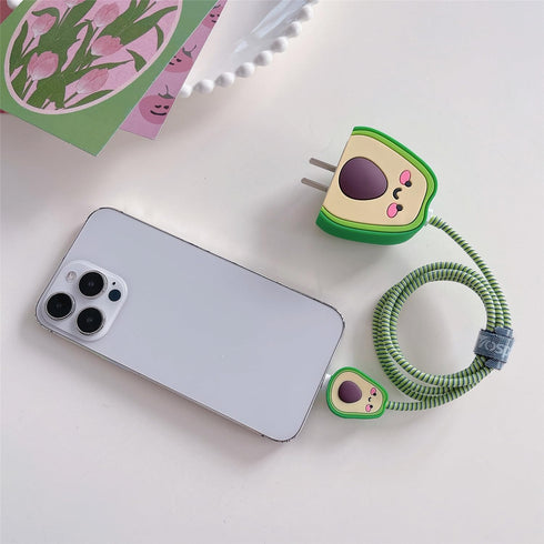 3D Cute Cartoon Charger Protector Case - Compatible for Apple 20W USB-C Power Adapter and Lightning Cable (Green Avocado)...