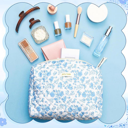 2 Pcs Cotton Quilted Makeup Bag Cute Floral Makeup Bag Large Coquette Aesthetic Cosmetic Bag Kawaii Toiletry Bag for Women Girls...