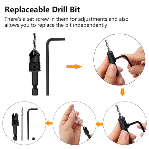 MulWark 82° Countersink Drill Bit Set incl. 5pcs Free Replaceable HSS Drill Bits for Wood?3/8" Quick-Change -Chamfered Adjustable Drilling Tool Ki...