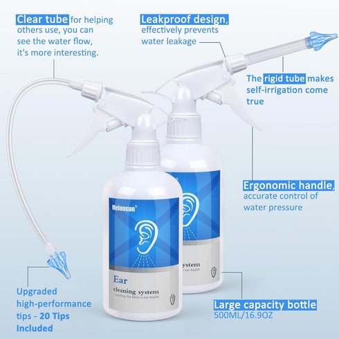 Ear Wax Removal - Ear Wash Kit w/500ml Spray Bottle, Big Basin & 20 Comfortable Reusable Tips - Safe & Effective Earwax Remover w/Rigid Pipe & Fle...