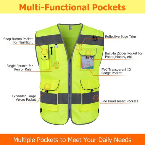 TCCFCCT Safety Vest 9 Pockets High Visibility Reflective Safety Vest for Men Women, Hi Vis Work Vest with Reflective Strips, Meets ANSI/ISEA Stand...