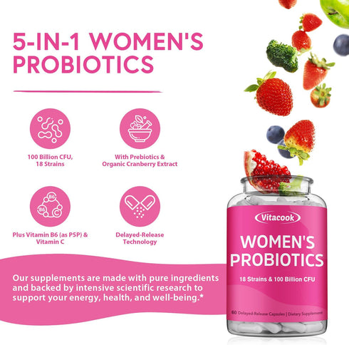 Women’s Probiotics, 100 Billion CFU, 18 Strains, Prebiotics, Cranberry, VB6 & VC, Mood, Vaginal & Urinary Tract Health, Shelf Stable, 60 Delayed R...