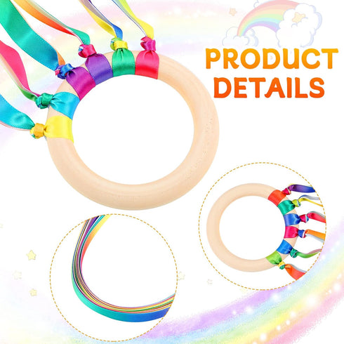 12 Pcs Rainbow Ribbon Wooden Waldorf Toys Creative Waldorf Hand Kite Set Streamers with Wood Ring Sensory Learning Educational Toy for Playroom Da...