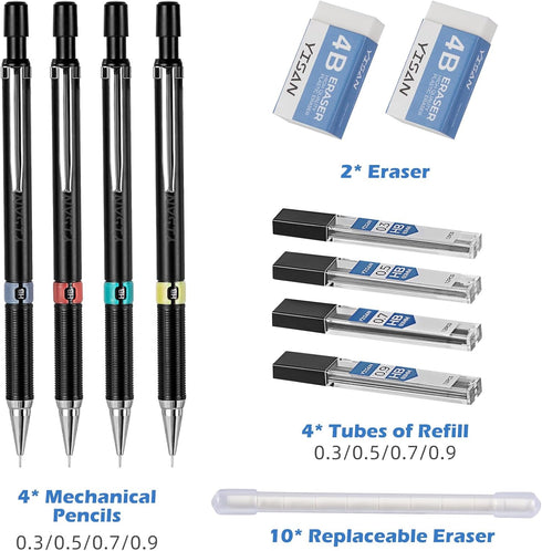 YISAN Mechanical Pencil Set 0.3 & 0.5 & 0.7 & 0.9mm,Automatic Pencil,Lead Pencils 4 PCS with Erases and Lead Refills for School Writing,Skeching,D...