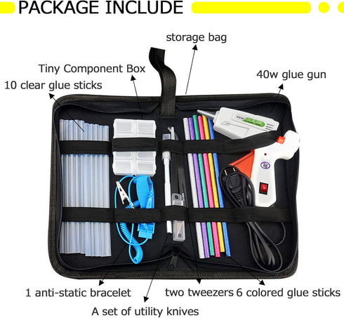Hot glue gun kit, transparent glue stick, colored glue stick, carving knife with 5 cutting heads, two pointed tweezers, small jewelry box, electro...