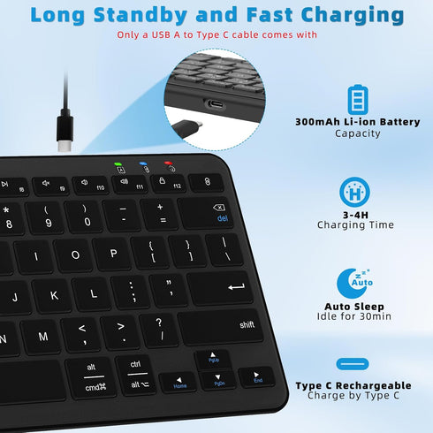 Bluetooth Keyboard, Ultra-Slim Wireless Keyboard for iPad, Rechargeable Ergonomic Computer Keyboard for iOS, Android, Windows PC Tablets Phone, Bl...