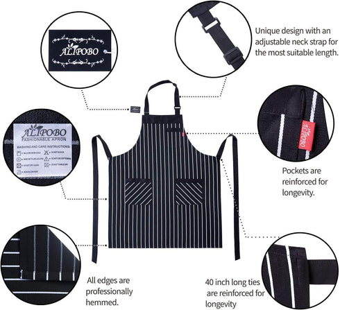 Aprons for Women and Men, Kitchen Chef Apron with 3 Pockets and 40" Long Ties, Adjustable Bib Apron for Cooking, Serving - 32" x 28" - Black/White...