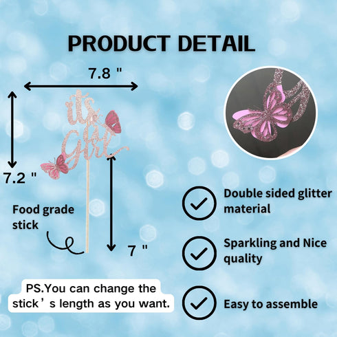 ALISSAR New Double Sided Rose Gold Butterfly Baby Shower Cake Topper Set, It's A Girl Cake Topper and 16 Pieces Pink Butterflies Cupcake Toppers f...