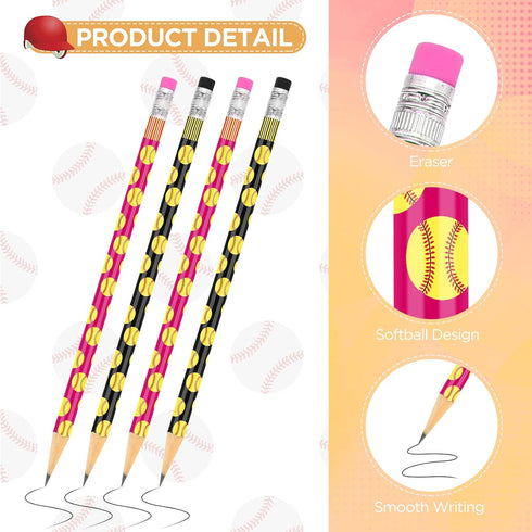 36 Pieces Softball Pencils Softball Party Favors Unsharpened Softball Printed Wooden Pencils with Eraser Sports Themed Fun Drawing Pencils for Sof...