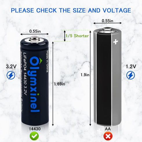 14430 3.2 Volt Rechageable Solar Battery - 4/5AA 500mAh LiFePO4 Battery for Outdoor Solar Lights,Tooth Brush, Shaver (8)...