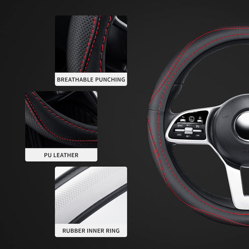 Microfiber Leather 15" Universal Fit Car Steering Wheel Cover, Elastic Breathable and Odorless, Black with Red Accent...
