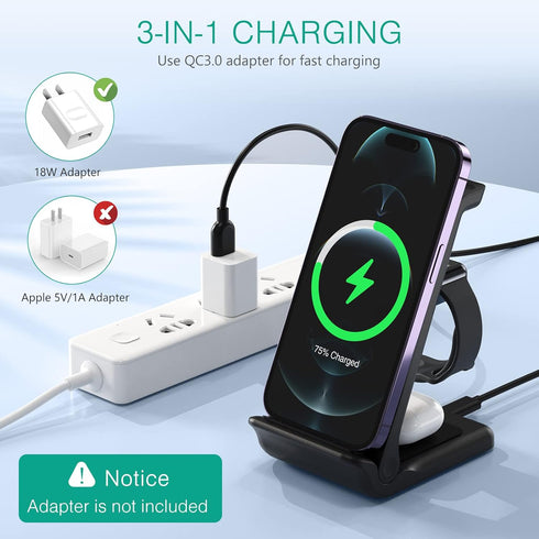 ORIA Wireless Charger, 3 in 1 Foldable Wireless Charging Stand, 15W Fast Wireless Charger, Compatible for iOS Phone 11/12/13/14/Pro/Max/i Watch/Ea...
