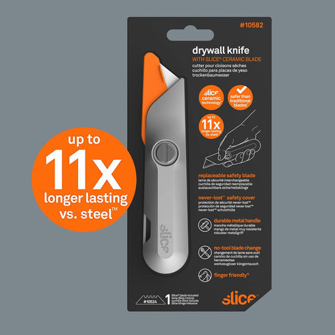 Slice 10582, Drywall Knife, Ergonomic Aluminum Handle for Easier Cuts, Attached Safety Cap, Finger Friendly Ceramic Blades, Lasts 11x As Long as M...
