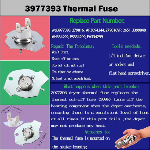 3387134 Dryer Thermostat 3977393 & 3392519 Thermal Fuse 3977767 high-Limit Thermostat Compatible Whirlpool Kenmore Roper maytag Estate Inglis Crosley Amana kitchenaid, Figure 6 is Compatible Model.