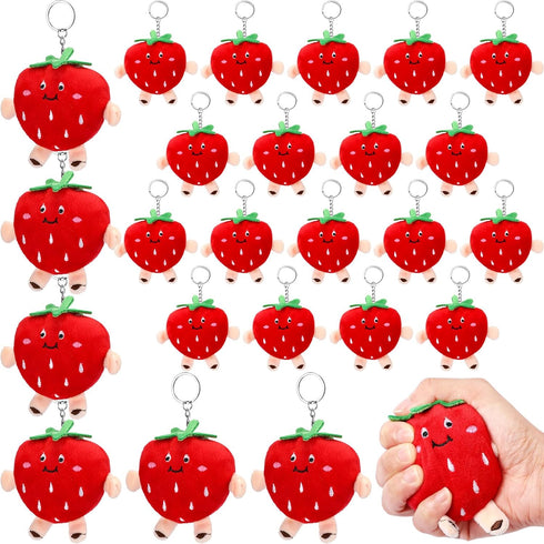 XunYee 24 Pcs Cute Strawberry Fruit Keychains Plush Pendant Red Plush Stuffed Kawaii Charm Goodie Bag for Strawberry Party Favor...