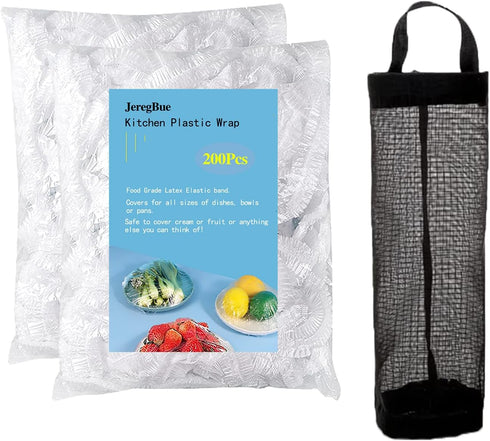 Fresh Keeping Bags,200 PCS Reusable Plastic Bowl Covers and 1 PCS Plastic Bag Holder?Elastic Storage Wraps for Containers...