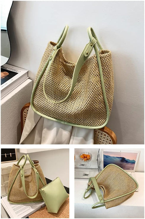 Women Faux Straw Bag Weave Tote Bag Summer Beach Bag Shoulder Bag Top Handle Bag Handbag 2 Pcs Set...