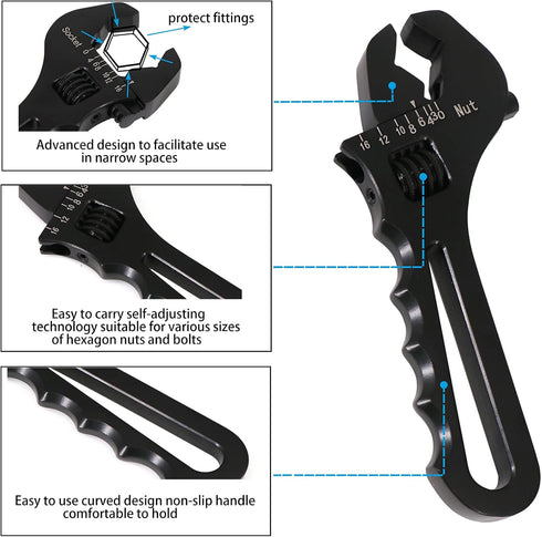 Dokili 3AN-16AN Adjustable Fitting Wrench Lightweight Black Aluminum Tool Spanner for An Hose Fitting Adapters End...