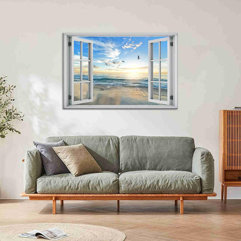 Beach Wall Decor Window View Posters Ocean Seagull Wall Art Nature Landscape Picture Posters Print on Canvas Painting Wall Art for Bedroom Bathroo...