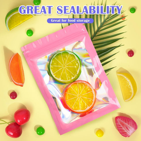 JETMORE 100 PCS Mylar Bags, Pink Holographic Bags, Smell Proof Bags, Resealable Bags for Small Business, Sealable Bags for Packaging, Foil Pouch B...