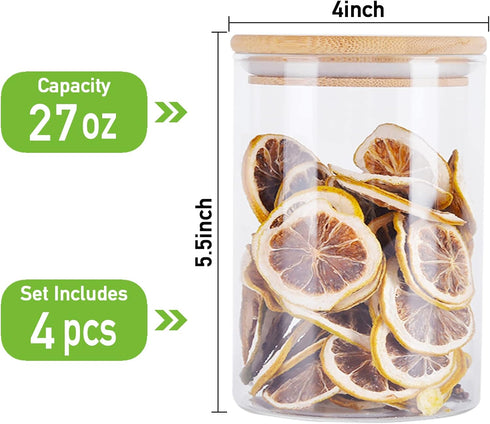 4 Pack Glass Storage Jars with Airtight Bamboo Lid, 27 OZ Glass Kitchen Canisters, Clear Container for Coffee Bean Storage, Dry Goods, Cookie, Can...