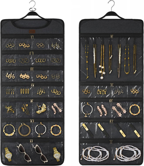 SMRITI Hanging Jewelry Organizer with Dual Zippered Pockets Canvas Double Sided Rotating Hanger Necklace Hanging Wall Organizer Earring Dustproof ...