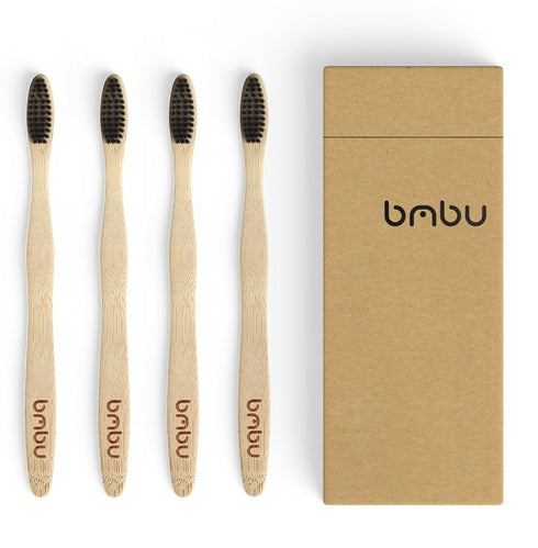 bmbu Bamboo Toothbrush 4 Pack - Medium/Soft Charcoal Bristles Tooth Brushes Wooden Handle - BPA Free, Eco Friendly, Vegan Product Gift Idea, Susta...