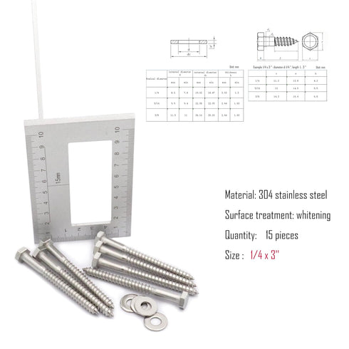 15pcs Hex Head Lag Screws, 1/4" x 3" Hexagon Head Wood Screws (Partially Threaded), 304 Stainless Steel Lag Bolts, Silvery...
