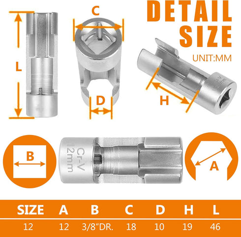 12MM (3/8"DR) Diesel Injector Fuel Line Socket Set Difficult Access Flare Nut Wrench Spanner for Wired Temperature Sensors, Thermo Switches, ABS T...