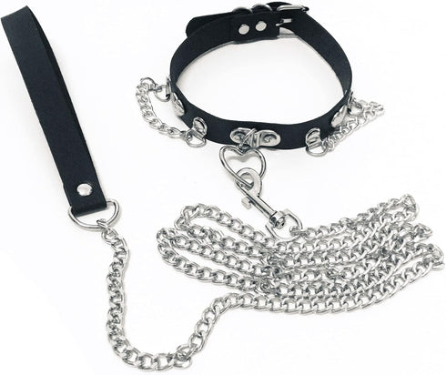 Soft Leather Choker Collar with Chain Leash Set Heart Pendant Necklace for Womens Pet Dogs Cats Unique Gifts...