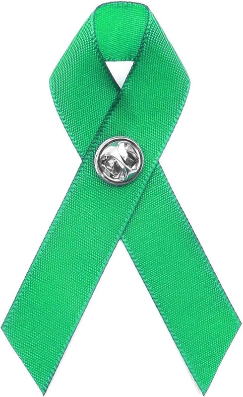 50 Pack Green Satin Awareness Ribbons with Clutch Pins (3.5 in)...