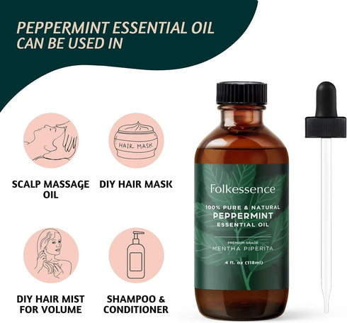 Folkulture Peppermint Oil for Hair Growth - 4 Fl Oz - 100% Pure, Natural and Undiluted Organic Essential Oil, Premium Grade with Glass Dropper, Pe...