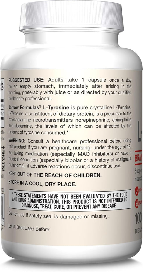 Jarrow Formulas L-Tyrosine 500 mg, Dietary Supplement, Amino Acid Supplement for Brain Health Support, 100 Capsules, 100 Day Supply...